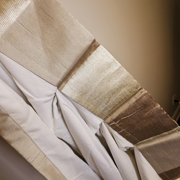 Two custom panels taupe gold vertical stripe tafetta pleated lined drapes 54x92" - Picture 2 of 9
